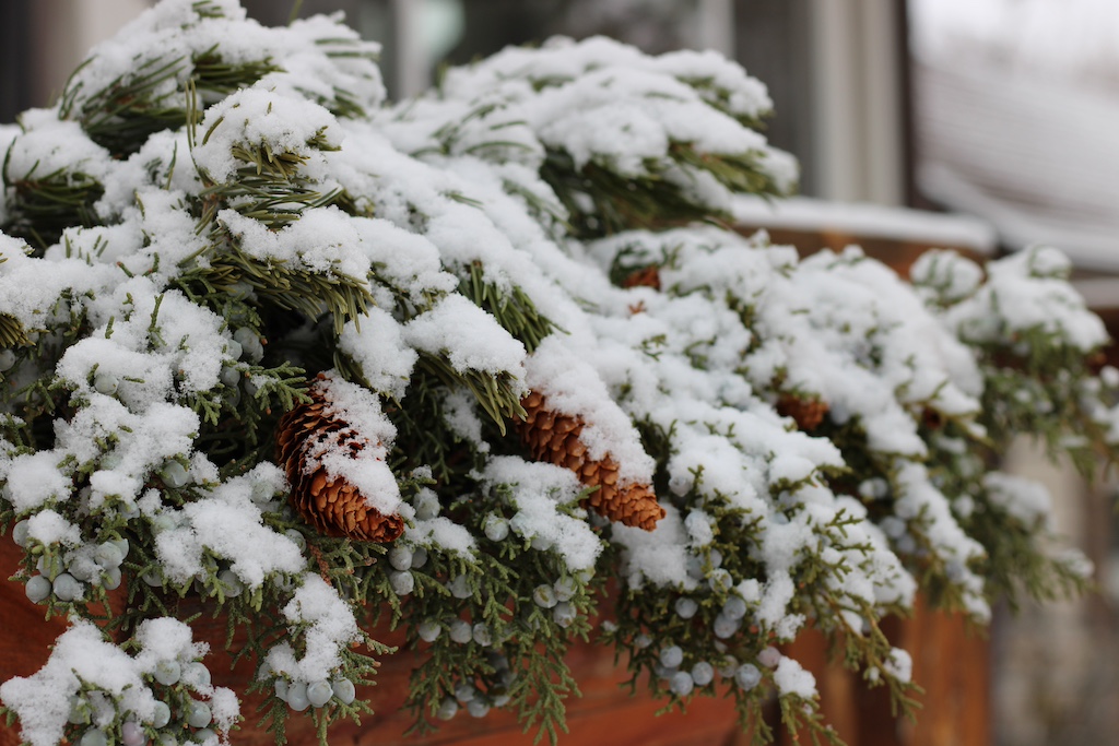 window box with decorations and fresh snow