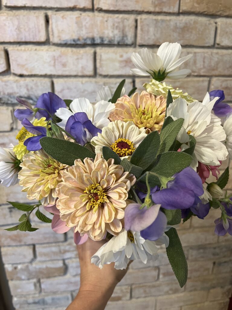 flower bouquet with zinnias, cosmos, sweet peas, and sage