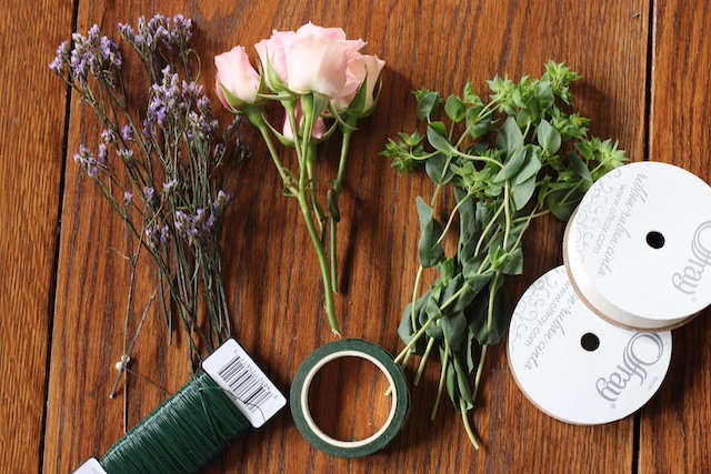supplies needed to make a corsage step by step flowers, ribbon, floral tape