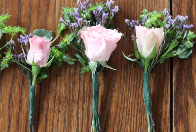 three bunches of flowers to make a wrist corsage step by step