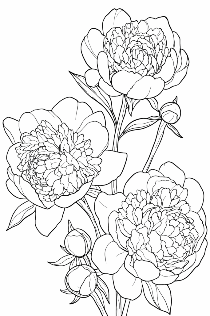 three peony flower coloring page