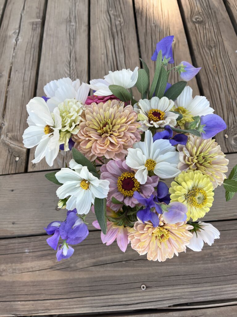 bouquet of flowers on wood